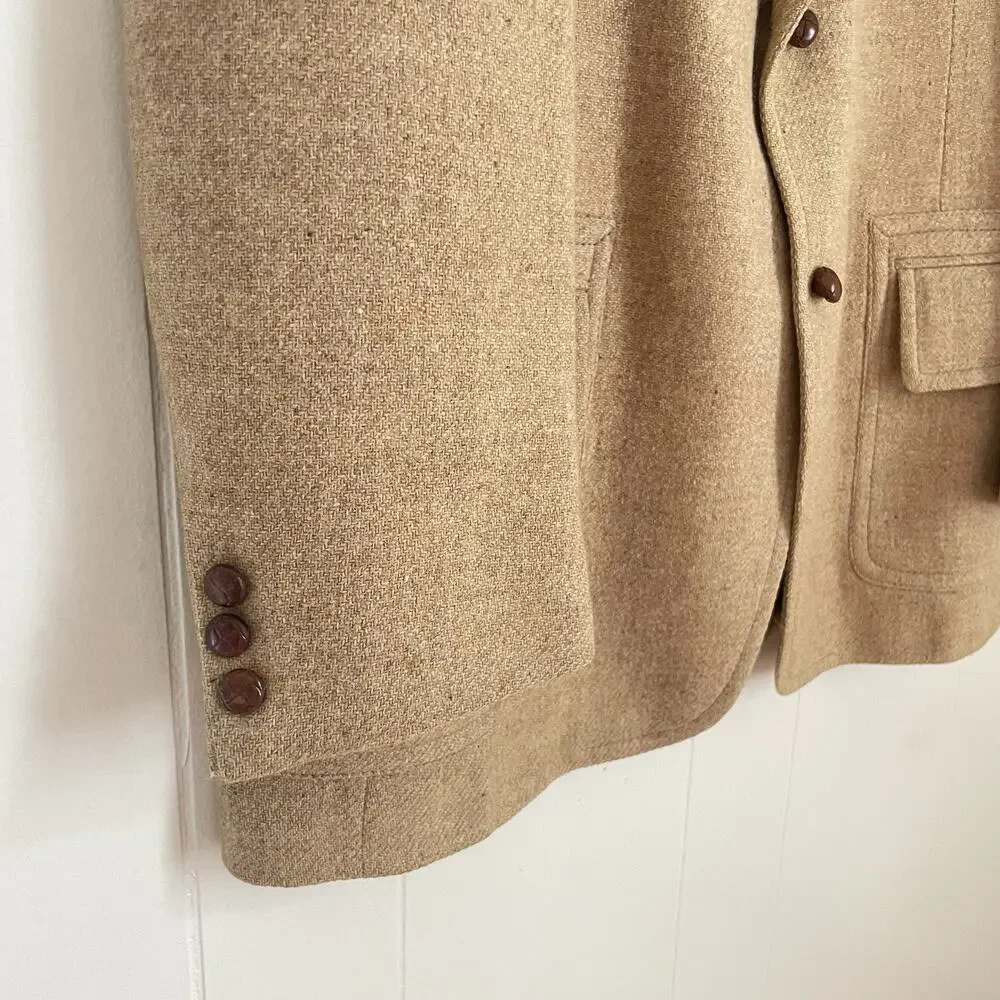 Vintage 70s Wool Tweed Camel Sport Coat 43L Long Notch Lapel 2-Button Jacket‎